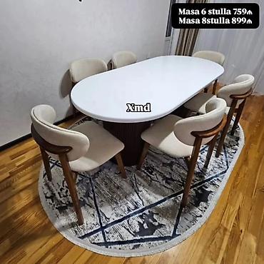 Oval formalı yemək masası dəsti - Masa: parlaq ağ oval üst, dekorativ