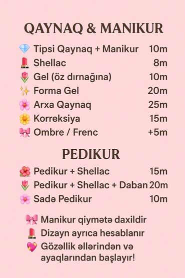 Manikür, pedikür: Tipsi qaynaq 10-15 AZN ♥️ Təsviri: - Klassik, fransız və modern — 10