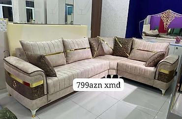 2ci el stul: L‑şəkilli künc divan - Zərif bej rəngli parça üzlük, qızılı dekorativ — 1