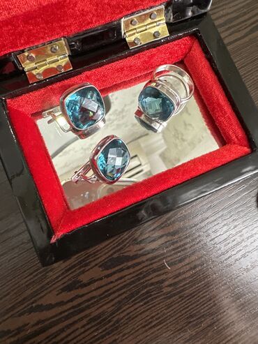 женские кольцо: Серьги + кольцо с голубым топазом в серебре💍👍😍✅проба:925