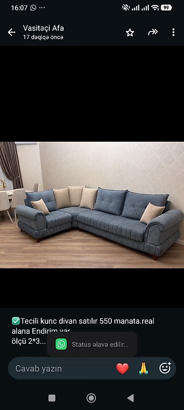 ✅Tecili kunc divan satılır 550 manata.real alana Endirim var. ölçü 2*3