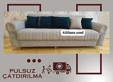 divan kreslo gence: Üç nəfərlik yumşaq divan - Rəng: Açıq boz kumaş - Dizayn: Şaquli — 1