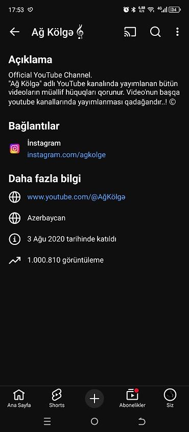 Digər xidmətlər: YouTube kanalı. Kanala 1,825 abunəçi və ümumi 1,000,810+ baxış. - Son — 3