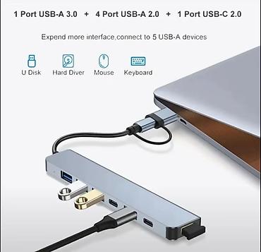 pc baku: 7 Portlu USB Hub – USB-C + USB-A 2‑in‑1 Xüsusiyyətlər: - Ümumi 7 port — 3