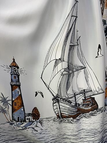 bed sheets: Портьерная ткань с принтом «Морская тема»: парусник, маяк, чайки. - — 1