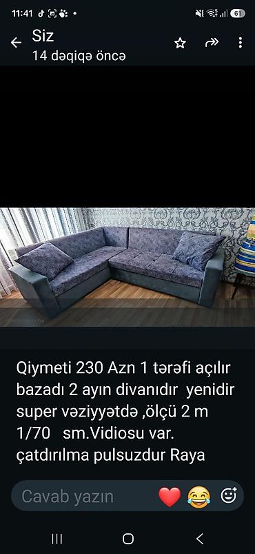 L‑formal U künc divan - 1 tərəfi açılan, bazalı model - Ölçü: 2 m x
