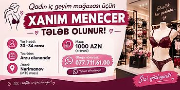 Satış: Satış meneceri tələb olunur, Yalnız qadınlar üçün, 30-45 yaş, 3-5 illik təcrübə, Ayda 2 dəfə ödəniş — 1