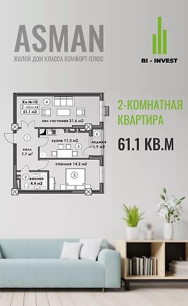 2 8: 2 комнаты, 61 м², Кок-Жар мкр Элитка, 11 этаж, ПСО (под самоотделку) — 3