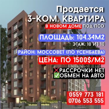 бизнес квартира: 3 комнаты, 104 м², Элитка, 10 этаж, ПСО (под самоотделку)