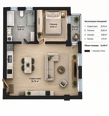 продаю бизнес бишкек: 2 комнаты, 61 м², Индивидуалка, 3 этаж, ПСО (под самоотделку) — 1