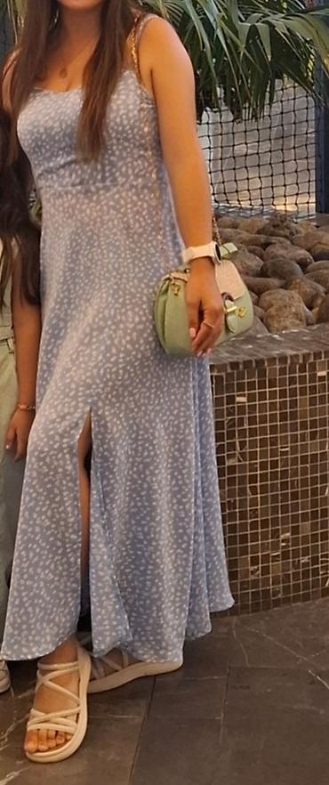 yay donlari modelleri: Yaylıq naxışlı maxi yay paltarı - Rəng: açıq mavi, xırda ağ — 1