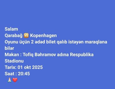 Boks aparatları: Məhsul: Futbol oyunu üçün bilet - Qarabağ – Kopenhagen oyunu üçün 2