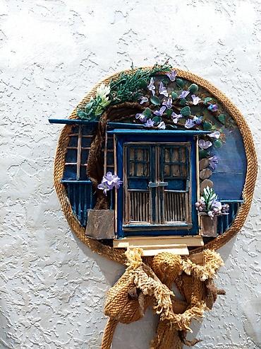 kendir ip: Dekorativ əl işi divar paneli – “Mavi Pəncərə” — 2