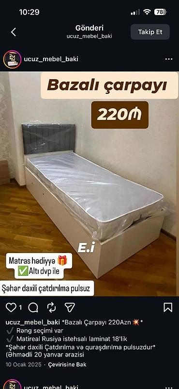 220: Bazalı tək çarpayı – 220 AZN - Ölçü: tək nəfərlik - Bazalı — 1