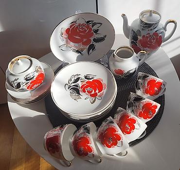 çay servisi: Çay dəsti, rəng - Qırmızı, Farfor, SSRİ — 5