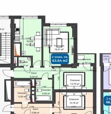 ырыскы ресторан заря: 2 комнаты, 64 м², Элитка, 7 этаж, ПСО (под самоотделку)