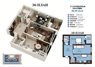 квартира район ошского рынка: 2 комнаты, 66 м², Элитка, 10 этаж, ПСО (под самоотделку)