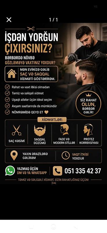 bərbər kursları: Bərbər, 26 yaş, 5 ildən artıq təcrübə, Fiks edilmiş ödəniş — 1