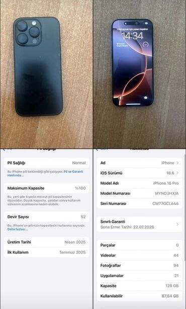 Apple iPhone: IPhone 16 Pro, 128 GB, Qara, Zəmanət