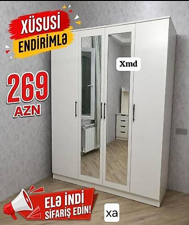 mebel termo: Ağ rəngli 4 qapılı paltar şkafı - İki orta qapıda tam boy güzgü - Düz — 1