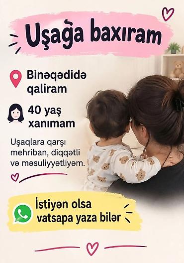 Uşağa baxma xidməti - Yer: Binəqədi - 40 yaşlı xanım dayə - Uşaqlara lalafo.az -da Uşağa baxma xidməti - Yer: Binəqədi - 40 yaşlı xanım dayə - Uşaqlara
