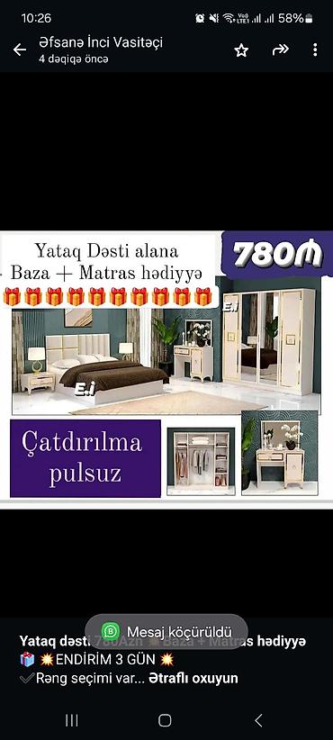 yataq ortuleri: *Yataq dəsti 780Azn 💥Baza + Matras hədiyyə🎁* 💥ENDİRİM 3 GÜN 💥 ✔️Rəng — 4