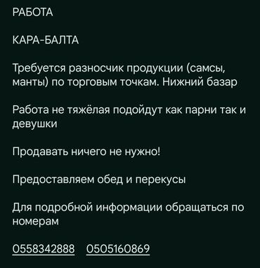 работа горничная бишкек: Требуется разносчик продукции (самсы, манты) по торговым точкам