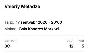 Digər idman və istirahət malları: Valeriy Meladze konsertinə 2 bilet Valeriy Meladze konsertinə 2 bilet — 2
