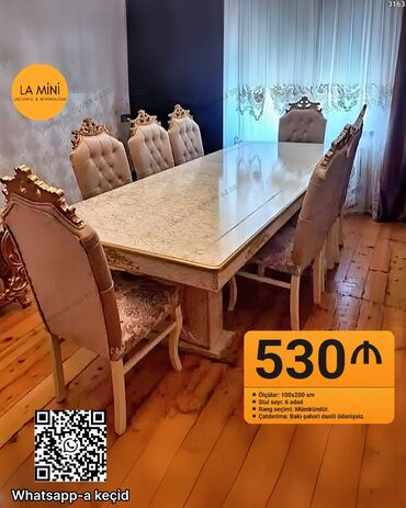 писменный стол: Qonaq otağı üçün, Açılmayan, Dördbucaq masa, 6 stul