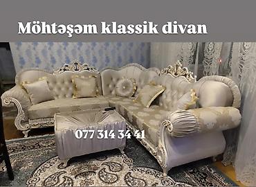 ceyran derisi: Möhtəşəm klassik divan – zərif naxışlı parça ilə L formalı künc — 1