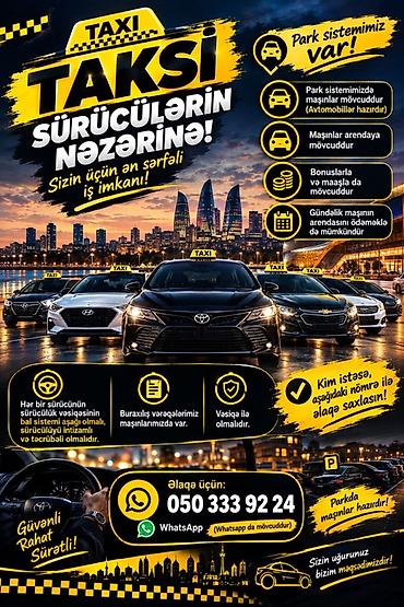 daye axtariram tecili: Taksi sürücüsü tələb olunur, Avtomobilin icarəsi, Gündəlik ödəniş, 3-5 illik təcrübə — 1