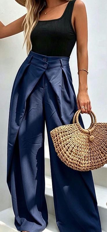 Pantalone: Ženske široke pantalone s preklopom i visokim strukom Pantalone — 2