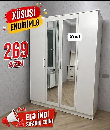 mebel termo: Ağ rəngli 4 qapılı paltar şkafı - İki orta qapıda tam ölçülü güzgü — 1