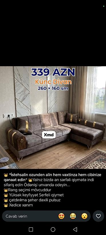 modern divan: Künc divan – 260 × 160 sm • Qiymət: 339 AZN (şəkildə göstərildiyi — 2