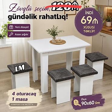 pastel dest: Mətbəx və kiçik məkanlar üçün kompakt masa–stul dəsti. - Dəst: 1 masa — 1
