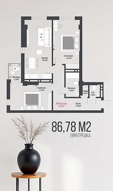 горам: 3 комнаты, 87 м², Орто-Сай с. Элитка, 8 этаж, ПСО (под самоотделку) — 5
