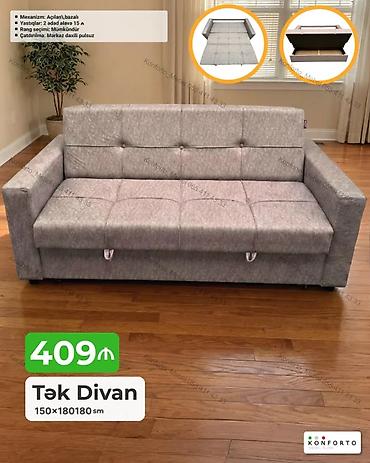 Диваны: Tək Divan – açılan, bazalı model Ölçü: 150×180/180 sm Mexanizm — 1