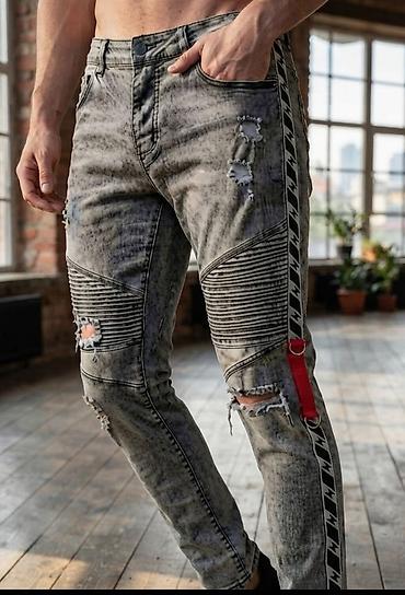 Muške biker farmerke – sivo ispran denim sa distres detaljima. - Slim