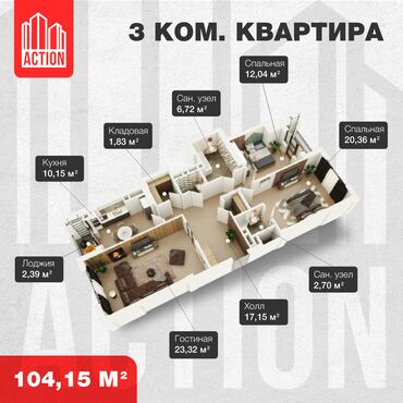 купля продажа квартир в бишкеке в Кыргызстан | ПРОДАЖА КВАРТИР: Строится, Индивидуалка, 3 комнаты, 104 м²