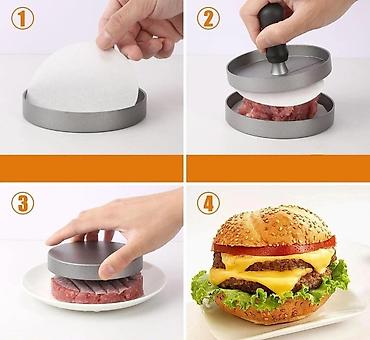 burger: Burger kotleti forması – əl presi bərabər qalınlıqda, dairəvi burger — 2
