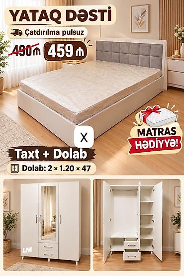 Yataq dəsti – Taxt + Dolab - Qiymət: 459₼ (490₼ üstünə xət çəkilib) lalafo.az -da Yataq dəsti – Taxt + Dolab - Qiymət: 459₼ (490₼ üstünə xət çəkilib)