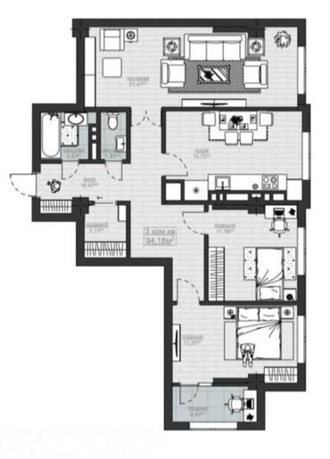 Продажа квартир: 3 комнаты, 94 м², Элитка, 12 этаж, ПСО (под самоотделку)