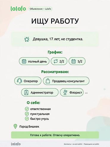 Сатуулар: Ищу работу в г. Бишкек. Параметры: - Девушка, 17 лет, не студентка - — 1