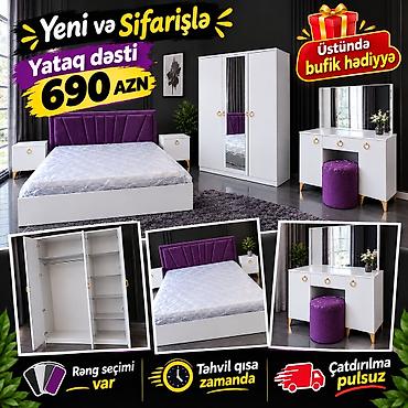 Yataq dəsti – 690 AZN Komplekt: - Çarpayı: yumşaq, bənövşəyi rəngli