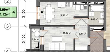 1комнатная квартира: 1 бөлмө, 40 кв. м, Жеке план, 14 кабат, Косметикалык ремонт