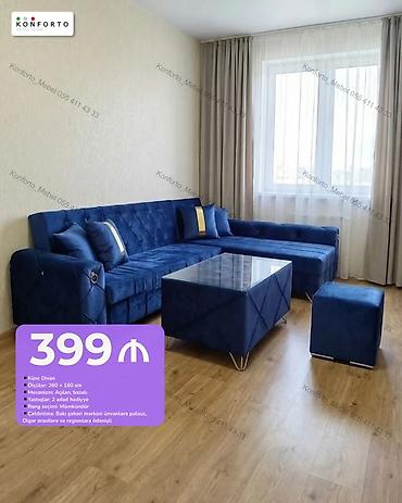 Divan və masa dəstləri: Künc divan dəsti – mavi rəngdə, yumşaq toxumalı parça ilə • Ölçü: 260 — 1