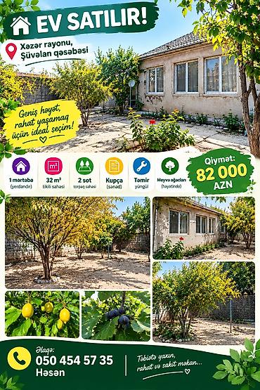 Xəzər rayonu, Şüvəlan qəsəbəsində geniş həyətli fərdi ev. Əsas