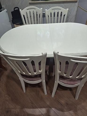stul oturacaq: Ağ rəngli yemək otağı dəsti - Tərkibi: oval formalı masa + 6 ədəd — 2