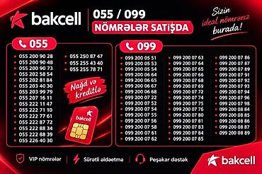 azercell nomrə satışı: Bakcell 055 və 099 seriyalı mobil nömrələr satılır. Xüsusiyyətlər: - — 1