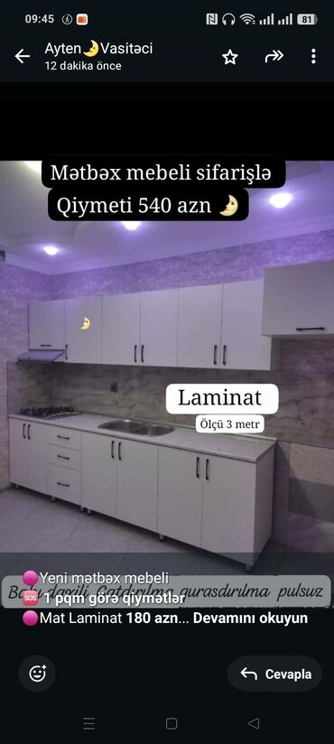 Divanlar: 🟣Yeni mətbəx mebeli 🆘 *1 pqm görə qiymətlər* 🟣Mat Laminat *180 azn*